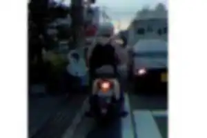 危険なバイク多数。
＜証拠写真５枚＞
１枚目：歩行者のすぐ前へ急に割り込み
２枚目：他人の土地へ勝手に侵入
３枚目：路側帯へ侵入して歩行者の通行を妨害
４・５枚目：信号無視、軽トラックとのニアミス